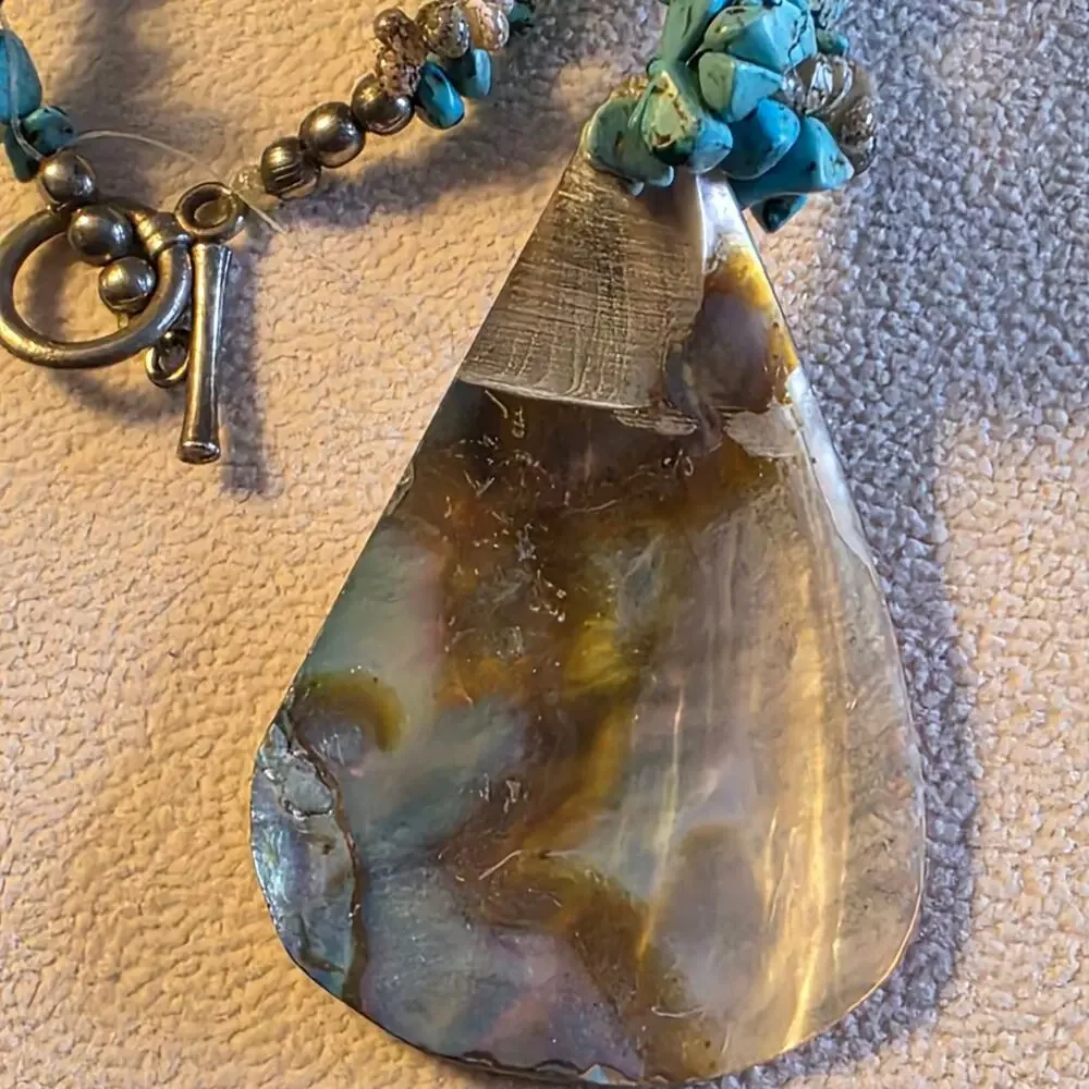 Abalone Pendant Snail Shell & Turquoise Stone Necklace w/  Boho 213 - Picture 3 of 9